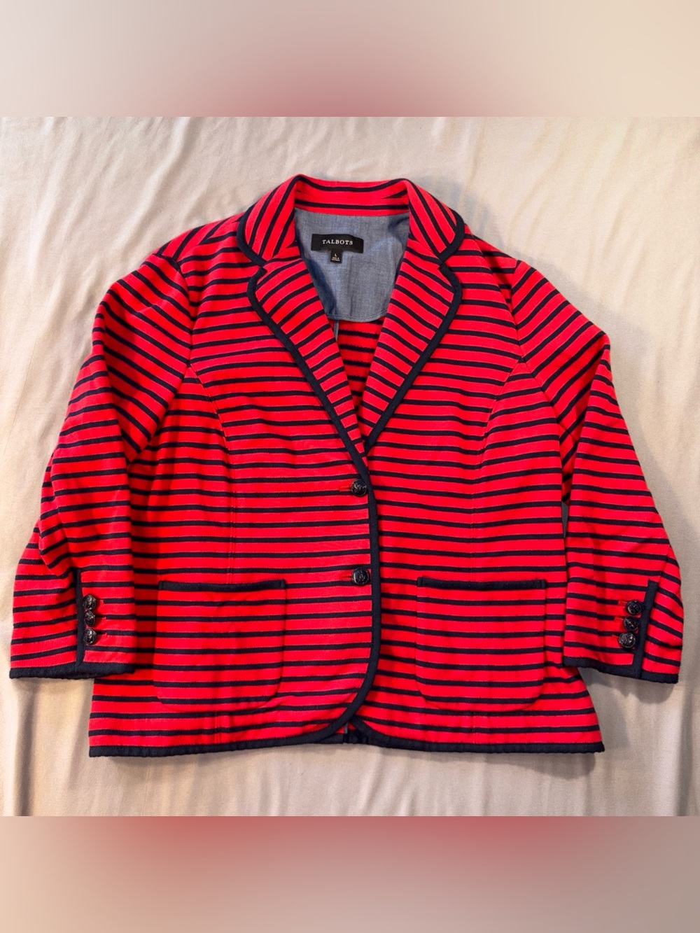 Talbots Red Blue Striped Knit Cotton Blazer Sz L 3/4 sleeve Coastal Nautical